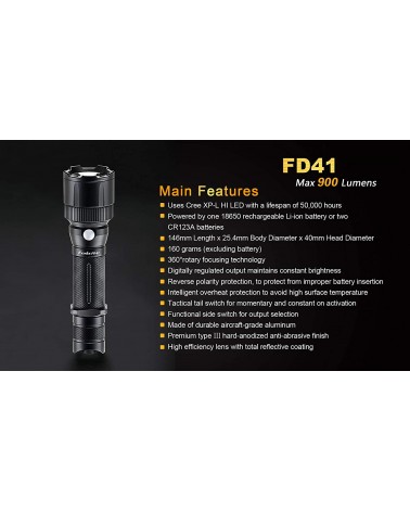 Linterna Led Fénix enfocable FD41 900 Lumens Y 5 Modos Regalamos batería ARB-L18-2600U