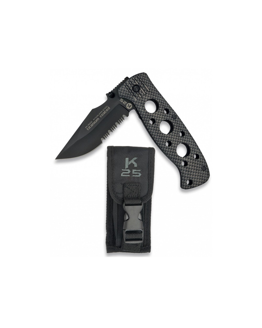 Navaja táctica K25 puño carbón design hoja 8,5 cm.
