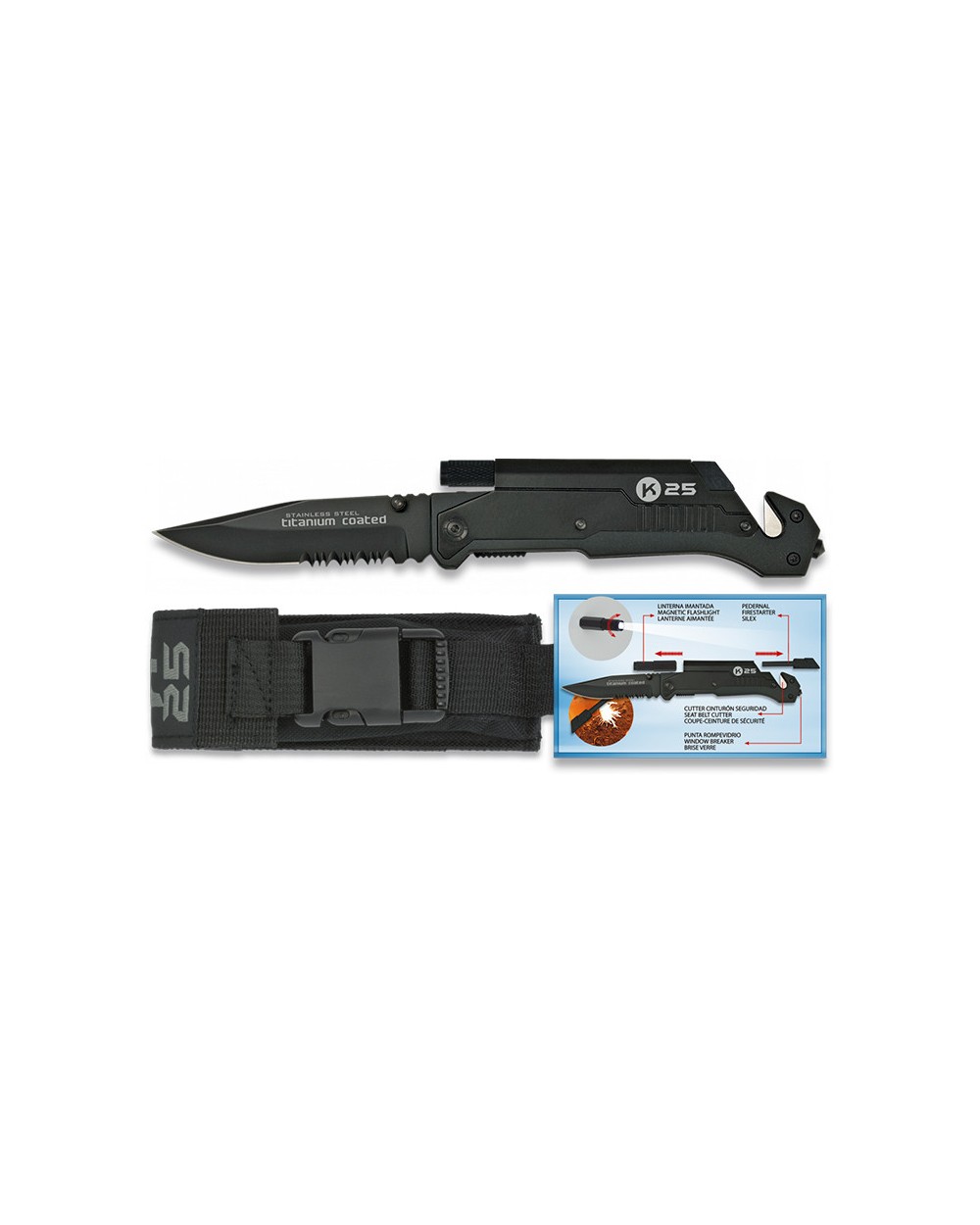 Navaja K25 pedernal/linterna 9 cm.